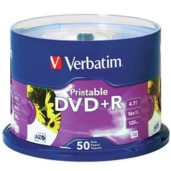 Verbatim Recordable DVD+R 120Min 4.7GB 16X Printable Inkjet Pack Of 50 White