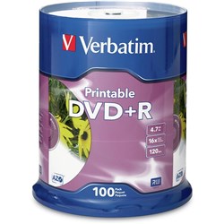 Verbatim Recordable DVD+R 120Min 4.7GB 16X Printable Inkjet Pack Of 100 White