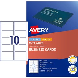 Avery Business Cards Laser & Inkjet Labels Matte White C32011 10UP 250 Cards